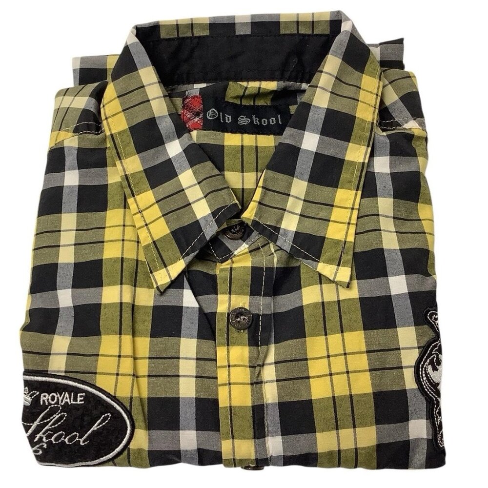 Old Skool Mens Yellow Plaid Button Up Shirt Size Large